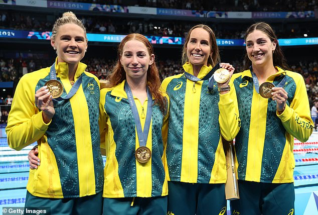 Mollie O'Callaghan, Shayna Jack, Emma McKeon and Meg Harris of Team Australia with their medals after the women's 4x100m freestyle relay final at the Paris La Defense Arena on Saturday