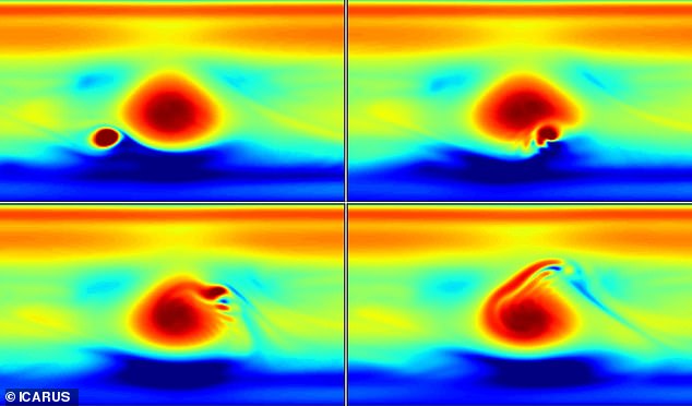 This image shows the large Great Red Spot 'devouring' a smaller storm during one of the team's simulated interactions