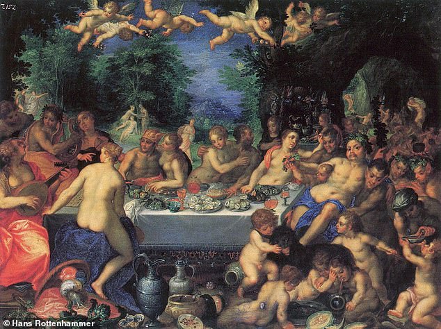 The Feast of the Gods by Rottenhammer and Bruegel, circa 1602, depicts the same scene