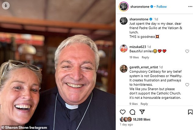 Sharon - who has 3.9 million followers on Instagram - wrote last Saturday: 'Just spent the day [with] my dear, dear friend Padre Guilio at the Vatican & lunch. THIS is goodness'