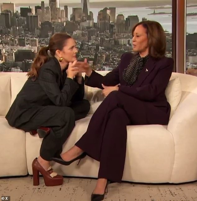 Kamala Harris joined actress Drew on her daytime talk show in April, where the two sat unusually close together on the large couch