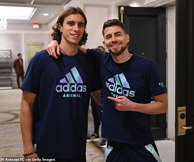 Calafiori has already met his Arsenal teammates, including his Italian compatriot Jorginho (right)