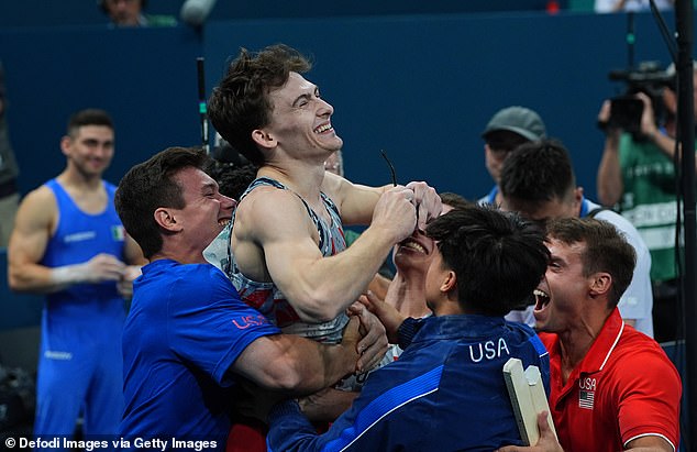 Nedoroscik was lifted up by his teammates after his pommel horse routine won bronze