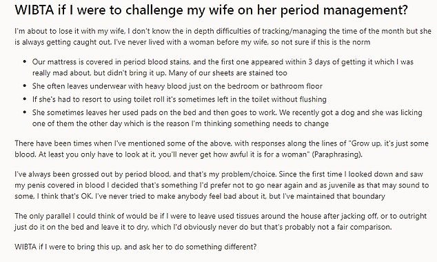 The anonymous man took to Reddit to express his concerns about his wife's hygiene, admitting that he is 