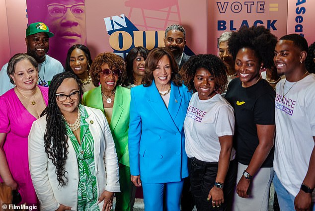 Rep. Maxine Waters (D-CA) and U.S. Vice President Kamala Harris (C) attend the Essence Festival of Culture at the Ernest N. Morial Convention Center on July 6, 2024