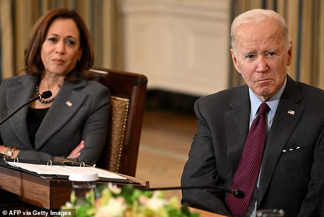 President Joe Biden and Vice President Kamala Harris attend a meeting at the White House