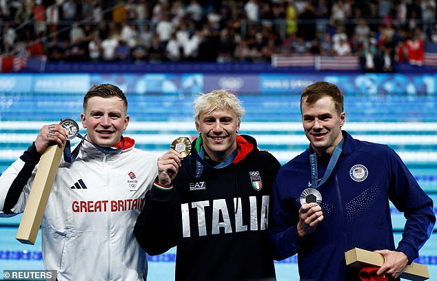 Nicolo Martinenghi (center) won gold on Sunday after finishing 0.02 seconds faster than Peaty