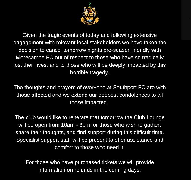 Southport FC confirmed the cancellation of Tuesday's match in a social media post on X