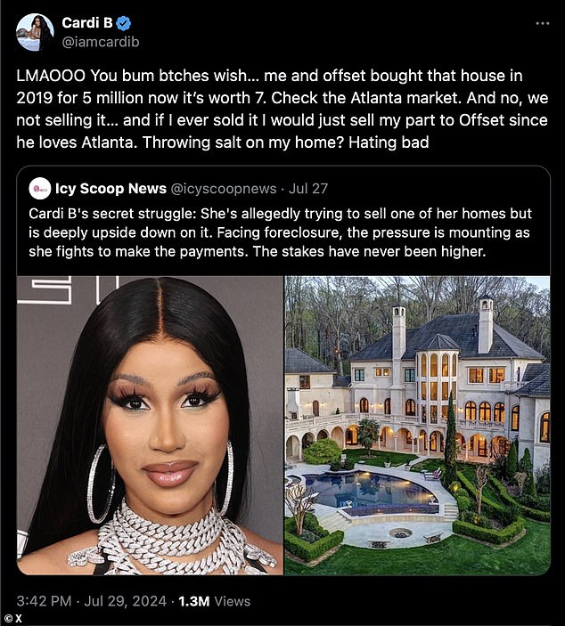 'LMAOOO Y'all motherfuckers wished me and offset bought that house for 5 million in 2019 now its worth 7 million look at the market in Atlanta,' Cardi B wrote, referring to her rapper husband