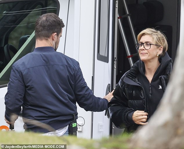 The actress appeared to be speaking to a crew member from the six-part ABC series