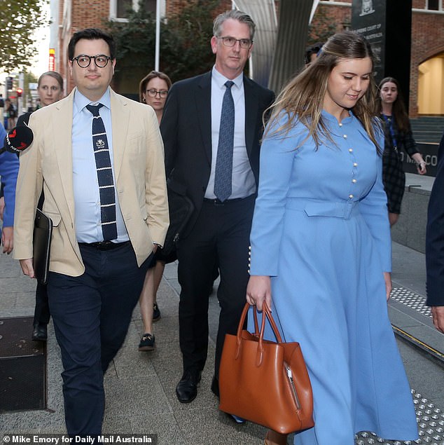 Brittany Higgins (right) and David Sharaz (left) were pictured leaving the Supreme Court of Western Australia in March following mediation by Linda Reynolds.