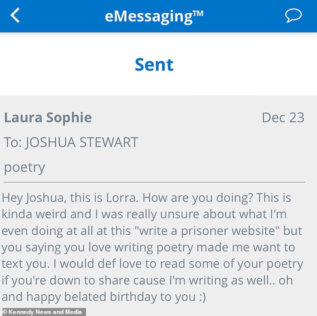 One particular profile caught Laura's attention and she began exchanging messages with 21-year-old Joshua Stewart