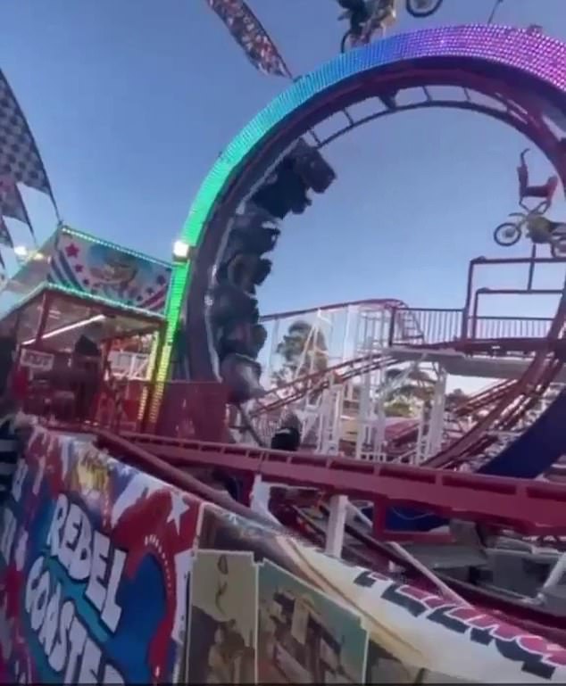 Shocking footage shows Shylah Rodden (pictured in black) moments before she is hit by the Rebel Coaster during the Melbourne Royal show