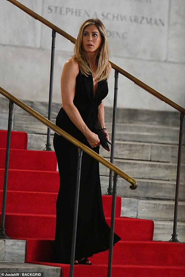 The 55-year-old actress was spotted in a stunning black dress with a scoop neckline outside the New York Public Library in New York City on Monday night