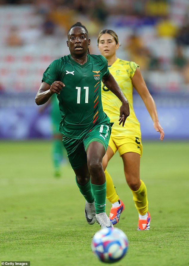 Barbra Banda (pictured) scored a hat-trick against the Matildas after previously being banned from a tournament in Africa for allegedly having too much testosterone to pass a gender test