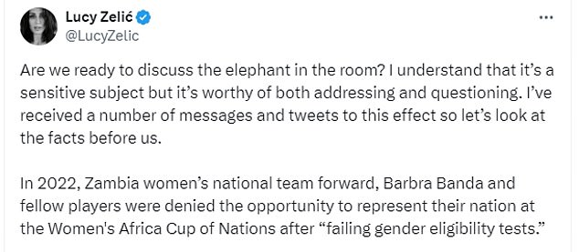 Pictured: The tweet in which Zelic claimed the players were suspended for 'failing gender eligibility test'