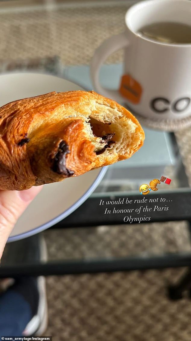 The TV presenter wondered whether it was the wisest decision to stuff herself with food before trying on her dress, but decided to eat a simple chocolate croissant