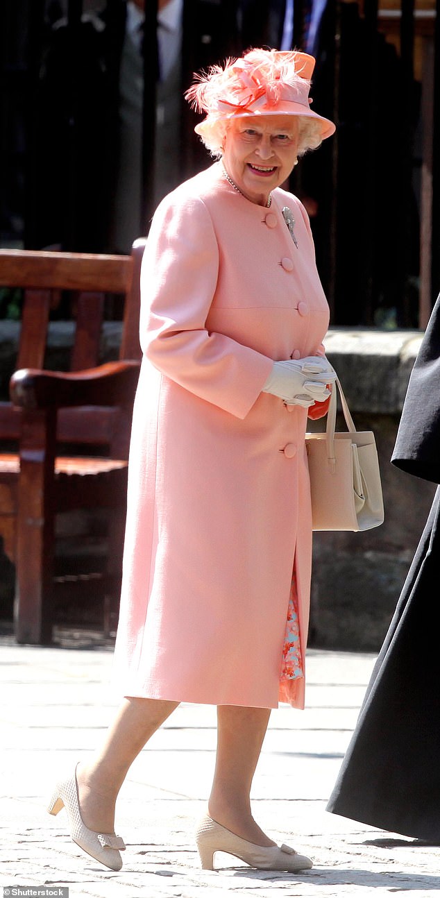 The late Queen wore an apricot-colored outfit by her favorite designer Stewart Parvin