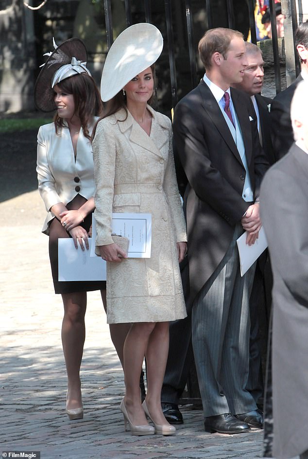 The couple maintain close ties to the royal family, particularly the Welsh. Above: William and Kate stand with Princess Eugenie outside Canongate Kirk