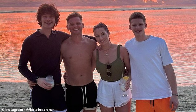 PR director Kate, who turned 35 earlier this month, is the wife of Jeff Brazier, 45, and the stepmother of actor Bobby Brazier, 21, all pictured with their second son Freddie, 19, in January