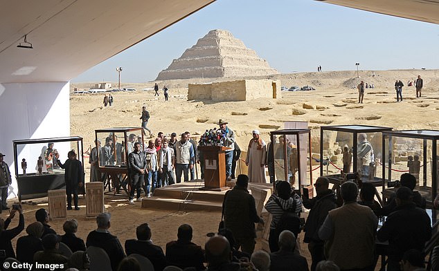 The Pyramid of Djoser reopened to visitors in 2020 after a 14-year restoration. Pictured in the background during a press conference in January 2023