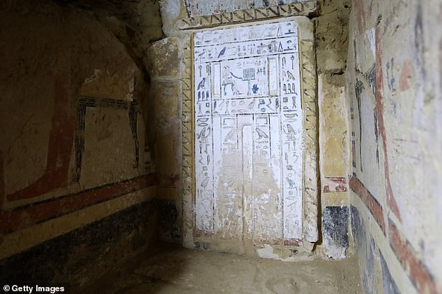 A view of pharaonic inscriptions at a tomb dating back to the Old Kingdom, at the site of the Step Pyramid of Djoser in Saqqara, January 26, 2023