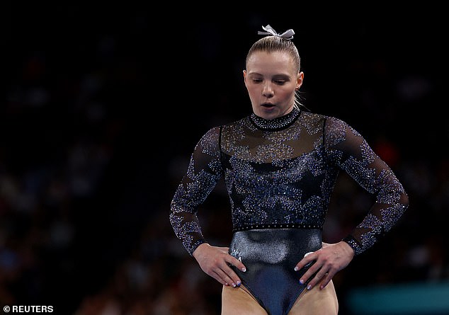 Jade Carey from the United States reacts after her floor exercise performance