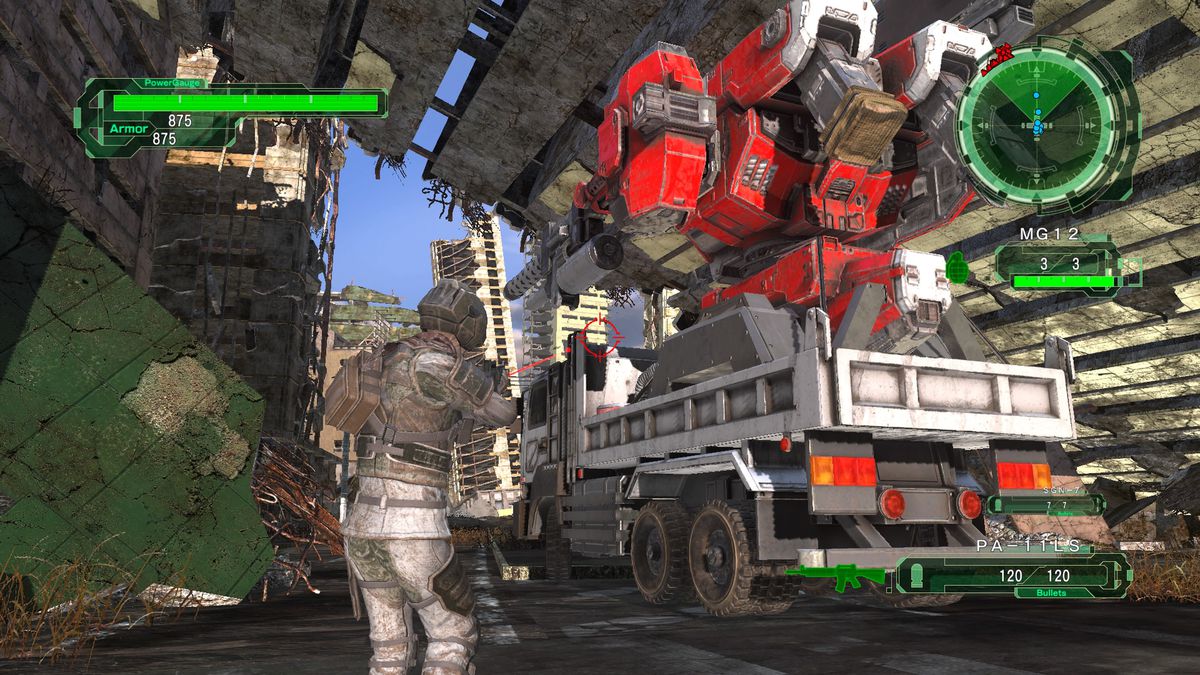 In Earth Defense Force 6, a soldier walks next to a giant, rolling weapon.