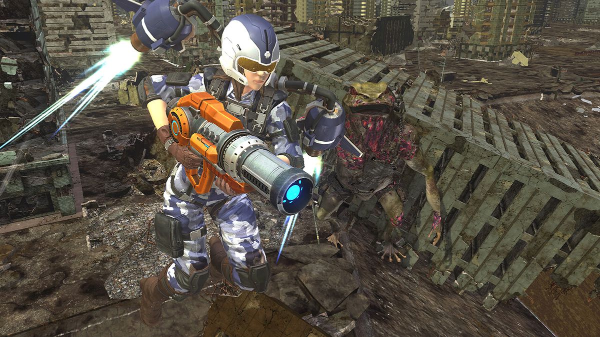 A flying soldier dodges a giant alien frog in Earth Defense Force 6.