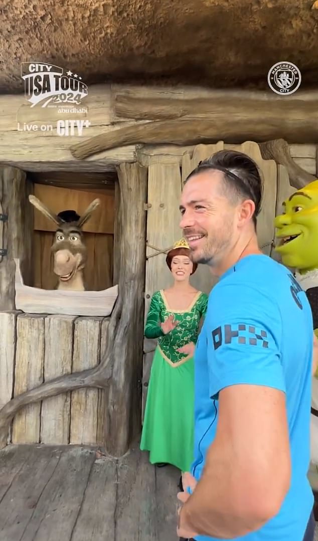 Grealish was also pictured enjoying some time off in the United States this week, following a trip to Universal Studios where he met actors who played Shrek, Fiona and Donkey