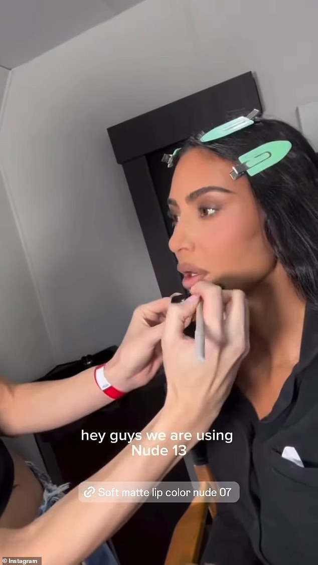 Kim was later seen getting her makeup done, with the makeup artist using products from Kim Kardashian's makeup brand SKKN