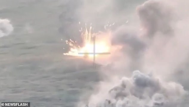 The dramatic footage captured several Russian vehicles exploding in an orange glow after being fired upon and destroyed by Ukrainian forces.