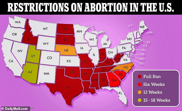 The map above shows the states where abortion is restricted in some form or banned altogether