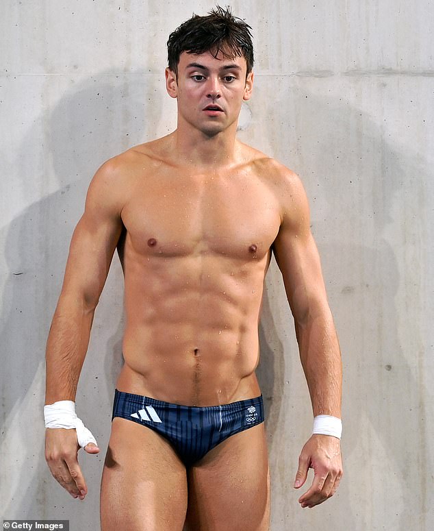 Pictured: Tom Daley at the Paris Olympics yesterday. The father of two has previously spoken about his wardrobe issue during the 2015 World Series