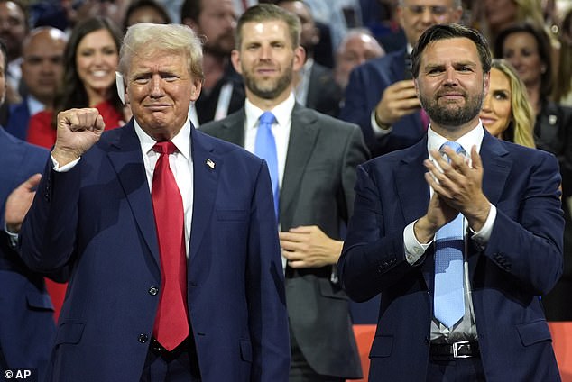 Trump (pictured with JD Vance) was nearly shot in the head during a speech in Butler on July 14