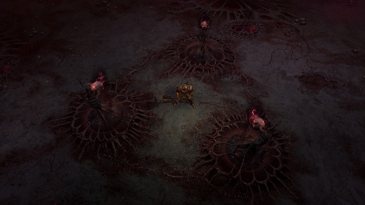 A barbarian stands among three Infernal Offerings - flaming skulls held aloft by black hands - in Diablo 4's Infernal Hordes