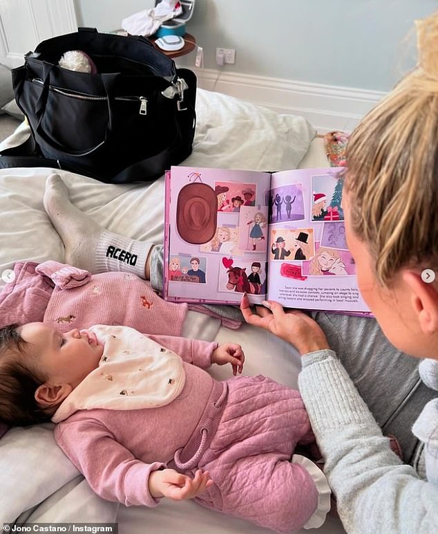 Jono also shared pictures of himself cuddling Gia during the getaway, while Simone was also briefly shown in the post reading a story to their beloved daughter