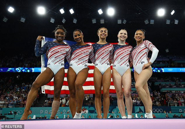 Simone Biles, Jordan Chiles, Jade Carey, Sunisa Lee and Hezly Rivera celebrate the victory