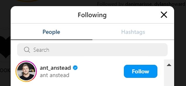 Anstead was one of 74 accounts Christina, 41, followed Tuesday night