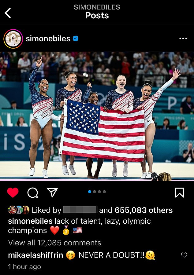 Biles captioned her celebratory post with a veiled photo of a former Team USA member