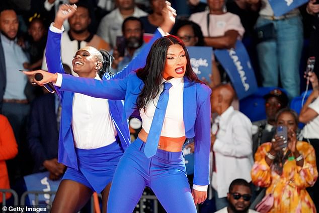 Megan Thee Stallion is seen here performing at the Kamala Harris Campaign Rally on Tuesday in Atlanta