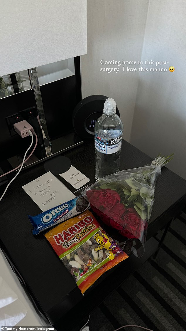 Shortly after, Tammy shared another photo to her Stories, which featured a bouquet of red roses, Haribo 'Tangfasties' lollipops, Oreos and a bottle of water, along with a handwritten note. The note, written by Tammy's fiancé Matt Zukowski, read: 'Love you always and forever xox Matthew'