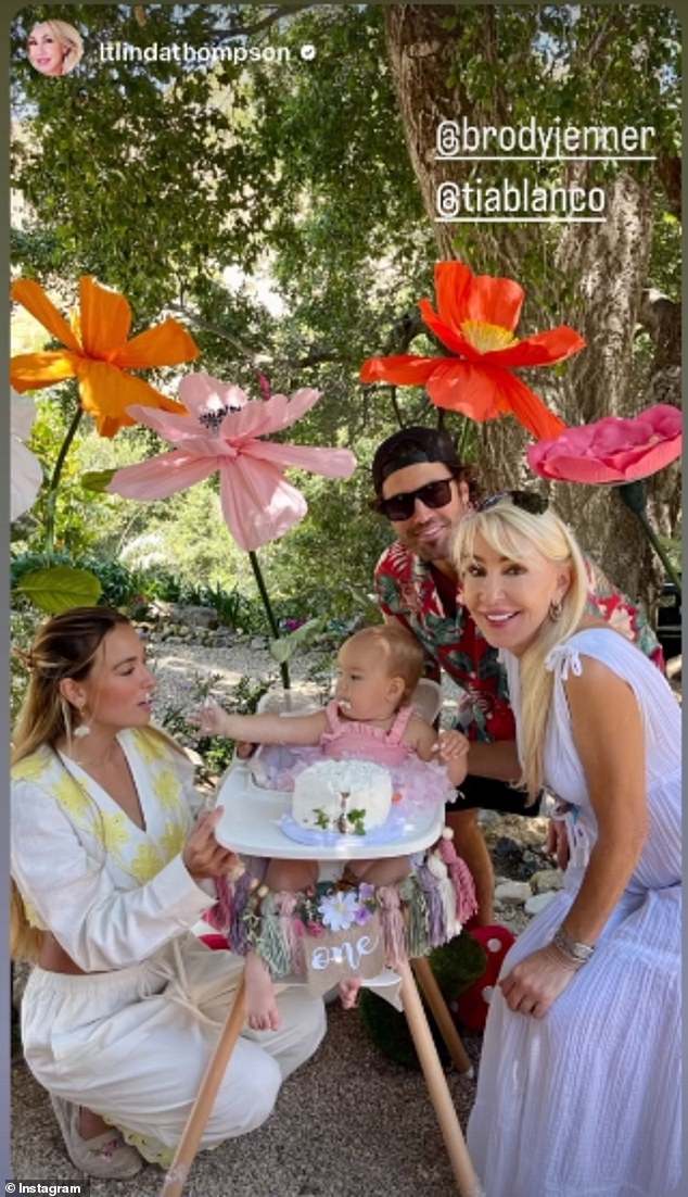 Brody's mother Linda wore a sleeveless, tiered white dress as she joined the grandparents