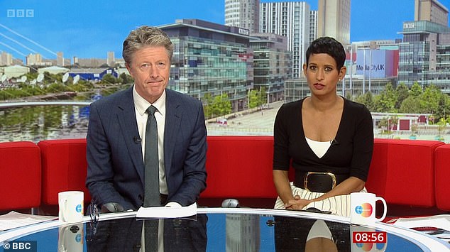 On Monday morning the show started at its usual time of 6am, but aired for an hour at 8am on BBC Two (pictured Naga Munchetty and Charlie Stayt)