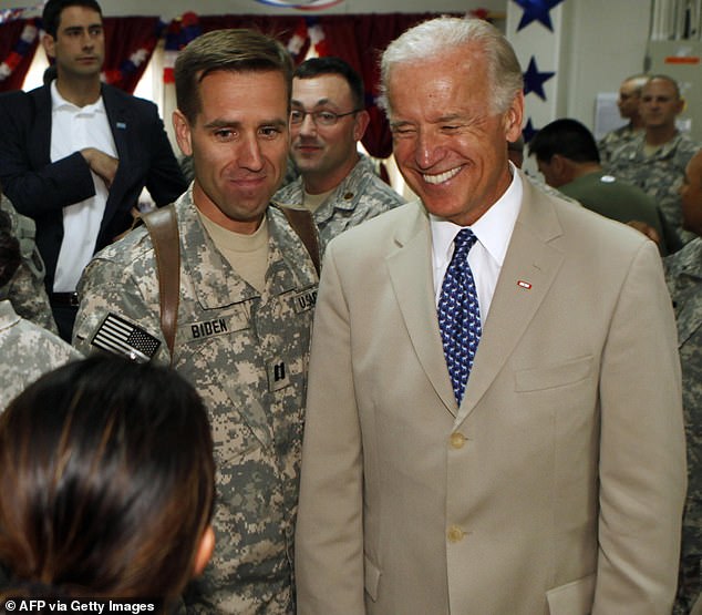 The disease also claimed the life of Beau Biden, the son of President Joe Biden. Pictured: Then-US Vice President Biden next to his army captain son Beau in Baghdad in 2009