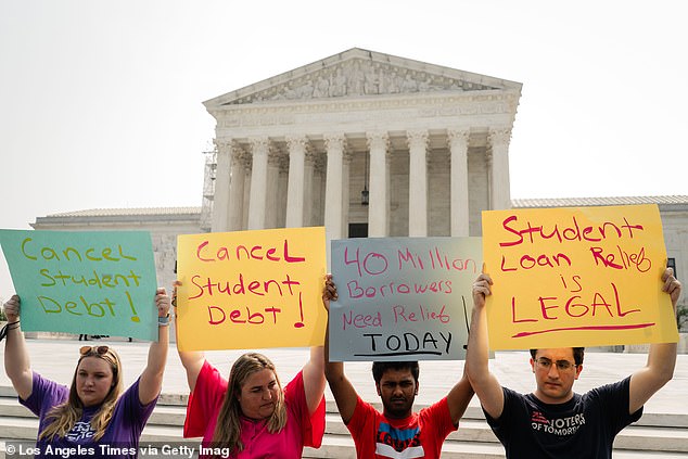 Protesters outside the U.S. Supreme Court on June 30, 2023. In a 6-3 ruling, the court overturned President Biden's original plan to forgive up to $20,000 in student debt for millions of borrowers