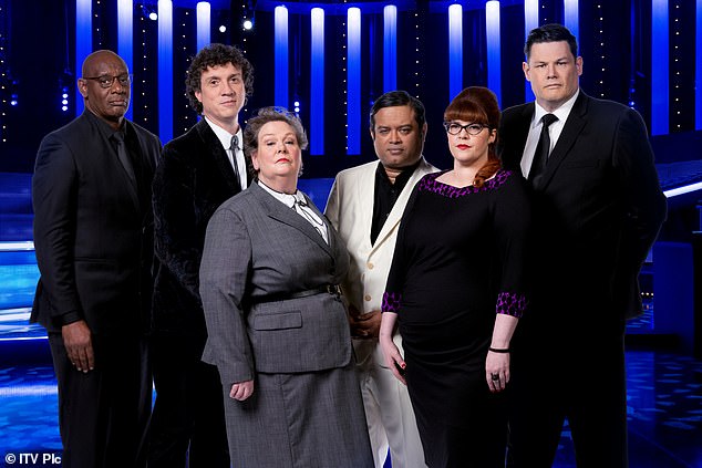 The TV personality also admitted it's scary to show her 'softer' side compared to the 'strict' Chaser she is (pictured with fellow Chasers Shaun Wallace, Darragh Ennis, Anne Hegerty, Paul Sinha and Mark Labbett L-R)