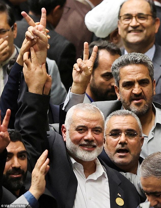 The supreme leader of the Palestinian group Hamas, Ismail Haniyeh, attends the swearing-in ceremony of new Iranian President Masoud Pezeshkian at the parliament in Tehran