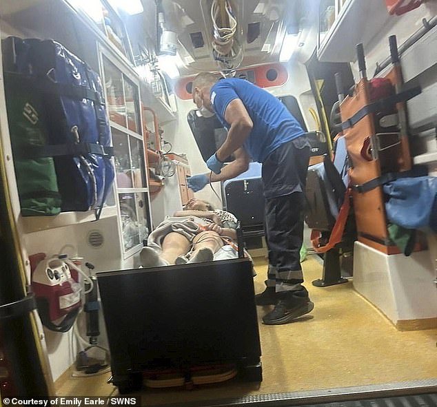 They took Emily back to their hotel, but after a few hours she was having trouble breathing and was falling unconscious intermittently. She was taken to hospital by ambulance (pictured above), according to the 19-year-old from Crawley, West Sussex.