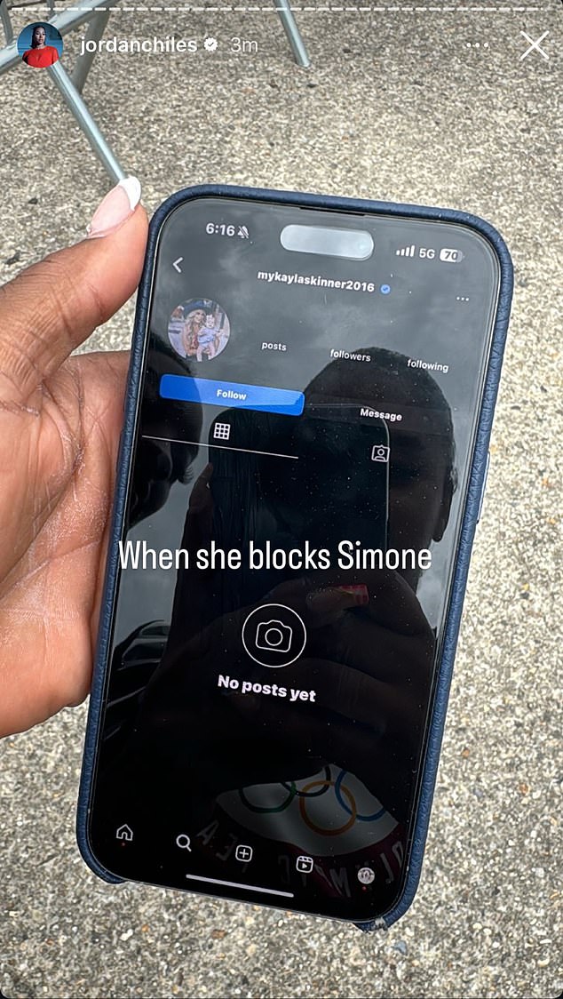 Biles' current teammate Jordan Chiles shared a photo online showing Skinner's empty IG page